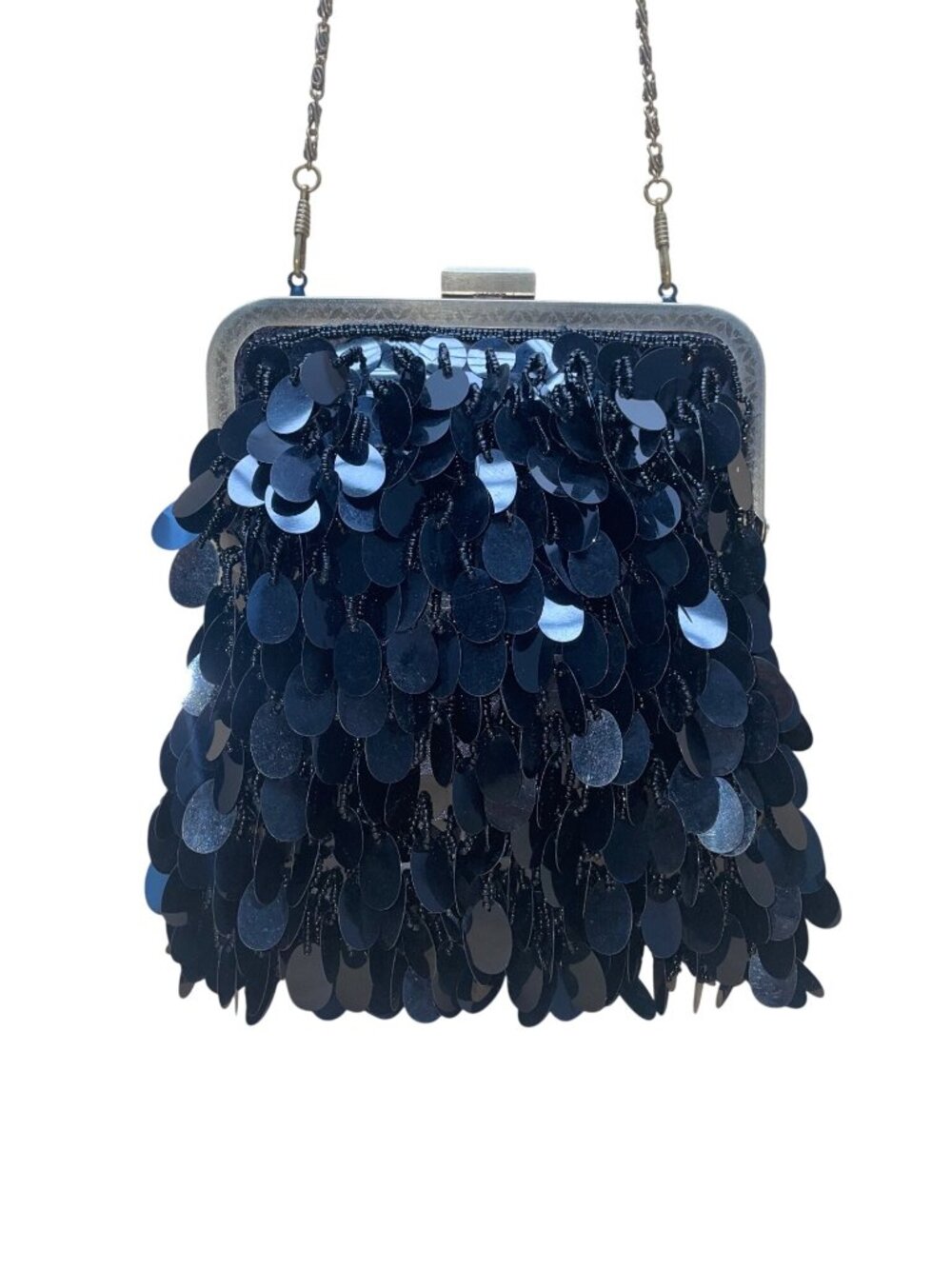 J&X NY Women’s Black Sequined With Chain Strap Elegant Clasp Frame Evening Bag